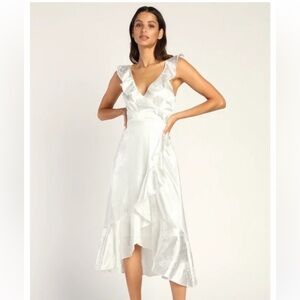 Lulu's Dress XL White Gorgeous Glow Satin Floral Jacquard Faux-Wrap Midi Bridal